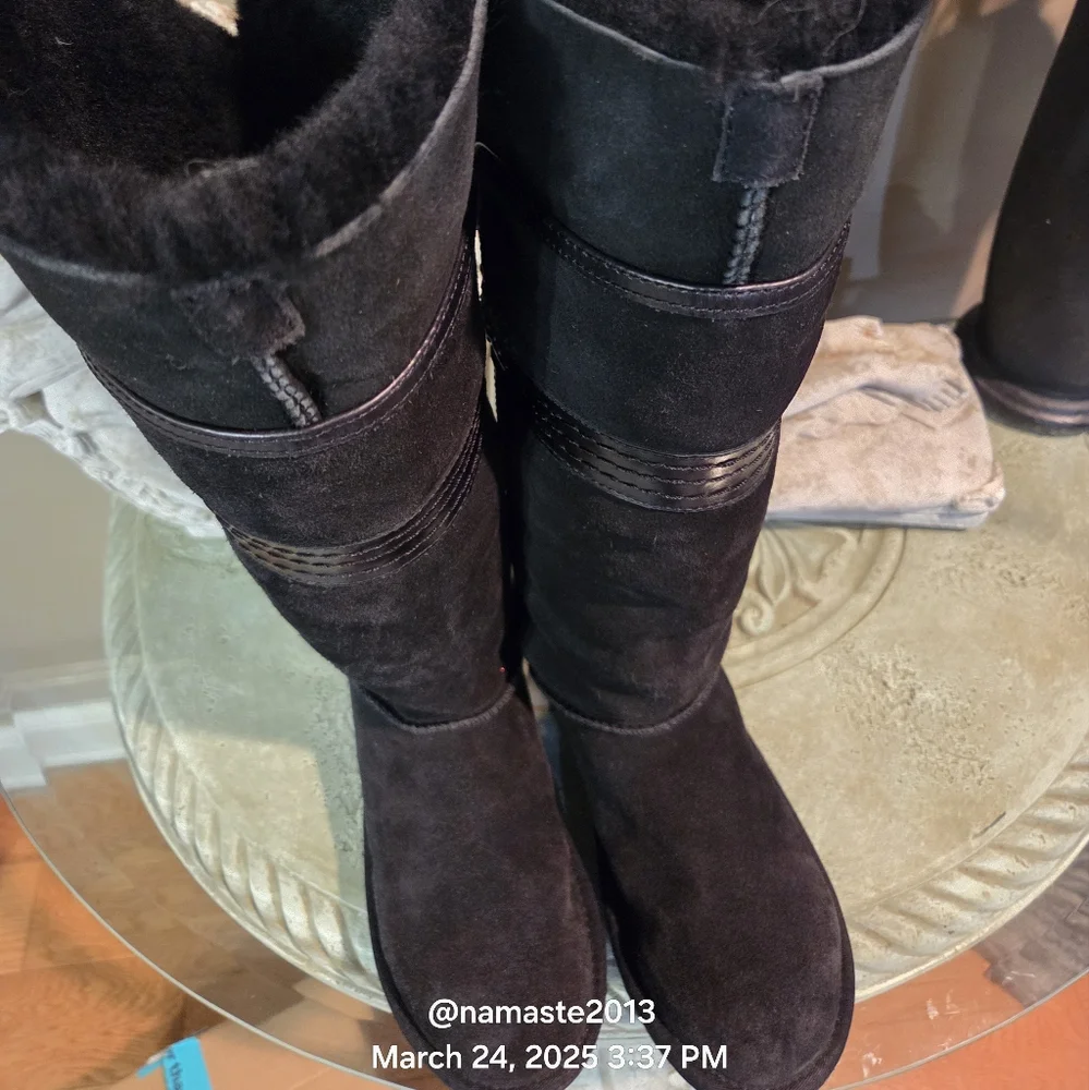 Ugg Genevieve Over The Knee Boots Suede Leather Fur Bows Designer Luxury #159